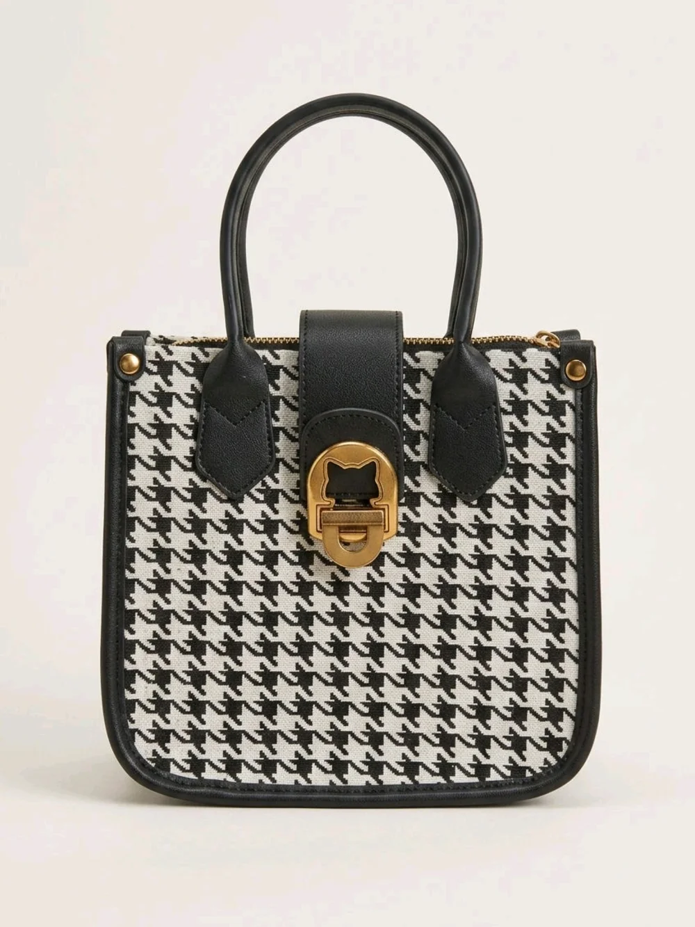 Black & White Houndstooth Top-Handle Bag with Gold Accent